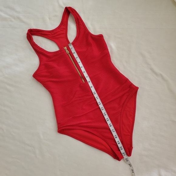 Heidi Klein red one piece swim suit size Medium gold zipper ribbed fabric lined - Picture 4 of 16